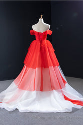 Red and White off the Shoulder Tired Semi Formal Prom Dress, Puffy Semi Formal Prom Party Dresses